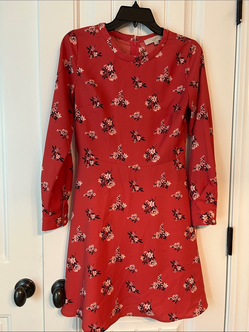 LOFT Red Floral Long-Sleeve Fit & Flare Dress